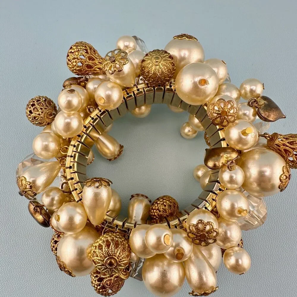 Vintage Cha Cha Bracelet Faux Pearl Filigree Ball Lucite Crystal Heart Expansion
